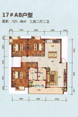 百丰花园17#AB户型-3室2厅2卫1厨建筑面积121.46平米