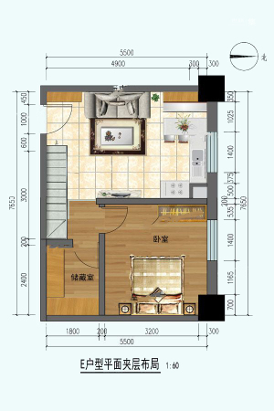 橡嵘湾e平面二层-2室2厅1卫1厨建筑面积64.48平米