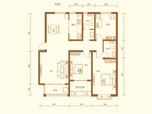 地润新城标准层B-2户型-3室2厅2卫1厨建筑面积139.74平米