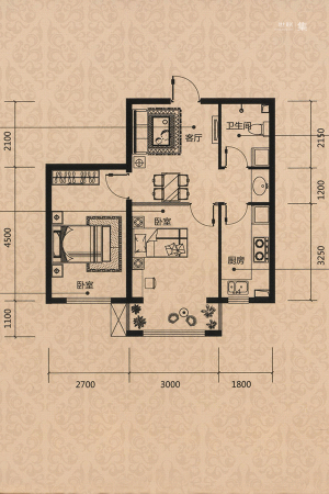 海逸铭筑F2户型-2室1厅1卫1厨建筑面积60.00平米
