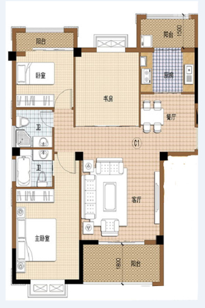 力标赞城一期1-6#标准层C1户型-3室2厅2卫1厨建筑面积102.48平米