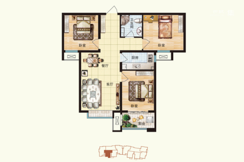 华普城2区2#标准层G户型-3室2厅1卫1厨建筑面积97.32平米