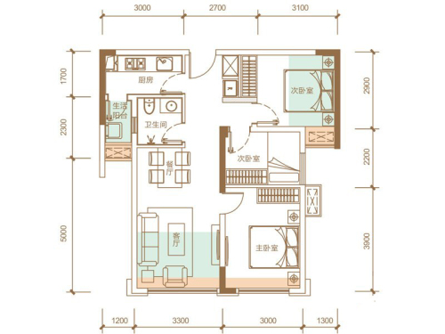 隆鑫十里画卷一期1、2号楼标准层B2户型【售罄】-3室2厅1卫1厨建筑面积66.48平米