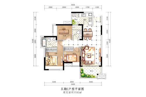 佳兆业东江新城五期C户型-3室2厅2卫1厨建筑面积93.00平米