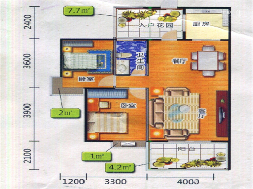 桐洋新城一期1#2#F2户型-2室2厅1卫1厨建筑面积89.35平米