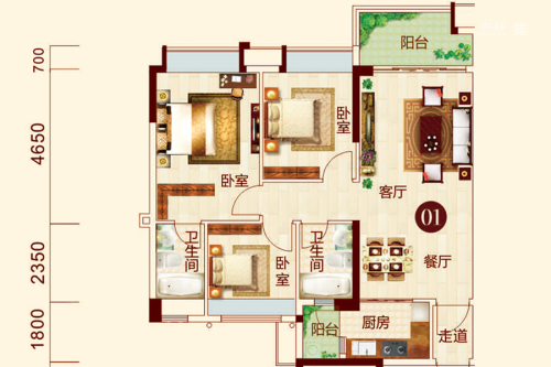 日华坊二期3幢01、02户型-3室2厅2卫1厨建筑面积98.00平米