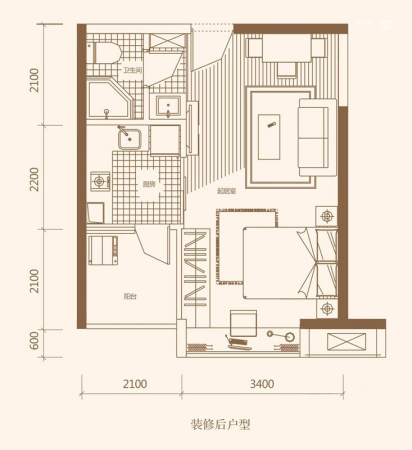21°公馆三期非毛坯酒店式公寓户型-1室1厅1卫1厨建筑面积42.00平米