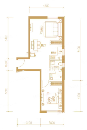 远洋7号5#1层D户型-1室2厅1卫1厨建筑面积82.78平米
