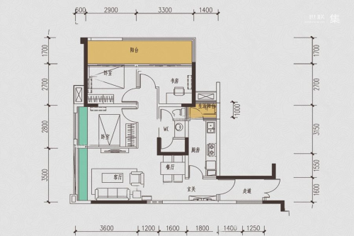 嘉源红郡5-6#标准层A1户型-3室2厅1卫1厨建筑面积88.90平米