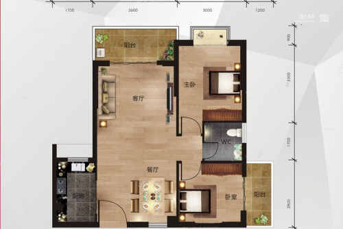 中南明珠B6户型-2室2厅1卫1厨建筑面积75.10平米