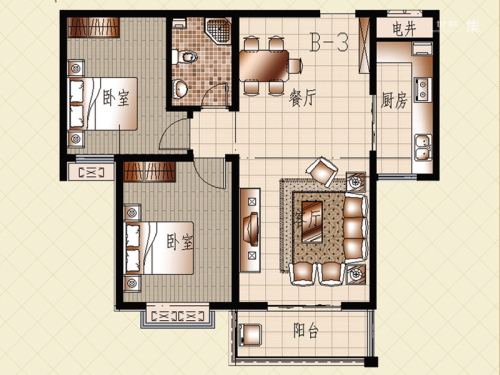 上起澜湾2#标准层B3户型-2室2厅1卫1厨建筑面积102.03平米