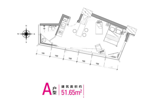 新源蜂巢21-25层公寓A户型图-1室1厅1卫1厨建筑面积51.65平米