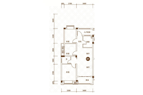 君华朝阳花地5、8栋2座01户型-3室2厅1卫1厨建筑面积93.00平米