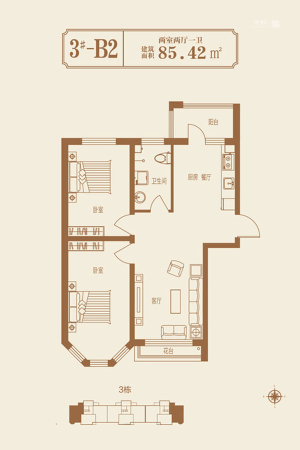 龙跃·金水湾3栋B2户型-2室2厅1卫1厨建筑面积85.42平米