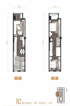 金辉悦府E客公寓58平户型-2室1厅2卫1厨建筑面积58.00平米