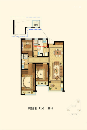 九龙仓珑玺A1-1’户型-3室2厅2卫1厨建筑面积88.40平米