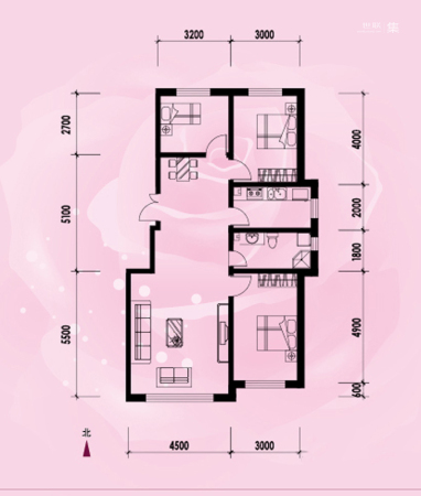 龙泰檀香苑f户型-3室2厅1卫1厨建筑面积105.00平米