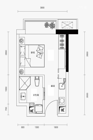 中粮隆玺祥云W-B户型-1室1厅1卫1厨建筑面积33.64平米
