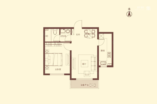 汇智五洲城A1'户型-1室2厅1卫1厨建筑面积66.85平米