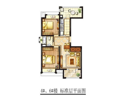凤凰城4#、6#楼E户型-2室2厅1卫1厨建筑面积87.00平米