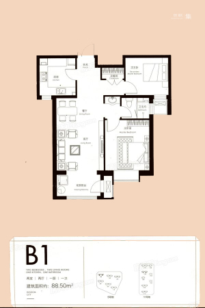 东南智汇城5号地和11号地B1户型-2室2厅1卫1厨建筑面积88.50平米