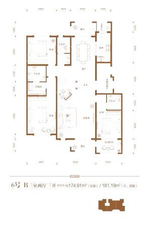 汇君城F6#3-4层B户型-3室2厅3卫1厨建筑面积181.19平米