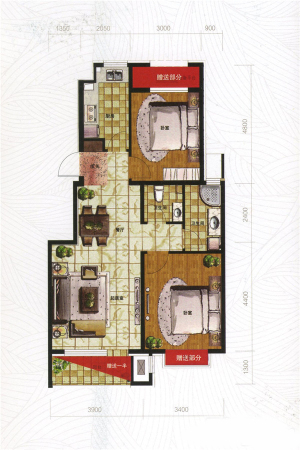格林木棉花X1户型-2室2厅2卫1厨建筑面积86.91平米
