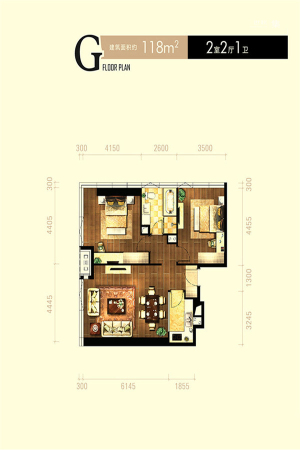 新世界·名汇G户型-2室2厅1卫1厨建筑面积118.00平米