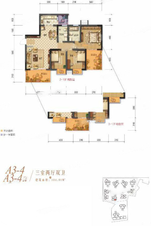 棠湖清江花语一期A3-4、A3-4a户型标准层-3室2厅2卫1厨建筑面积104.91平米