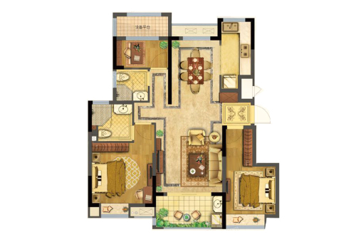 江山荟项目B3户型-3室2厅2卫1厨建筑面积98.00平米