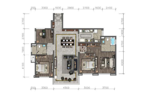 保利堂悦标准层E2户型-4室2厅2卫1厨建筑面积135.00平米