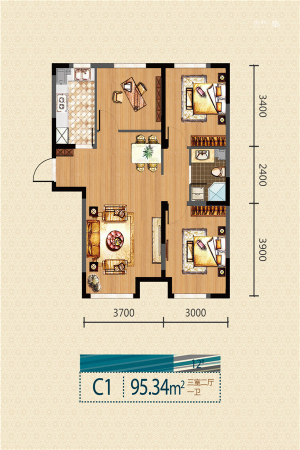 新湖青蓝国际C1户型-3室2厅1卫1厨建筑面积95.34平米