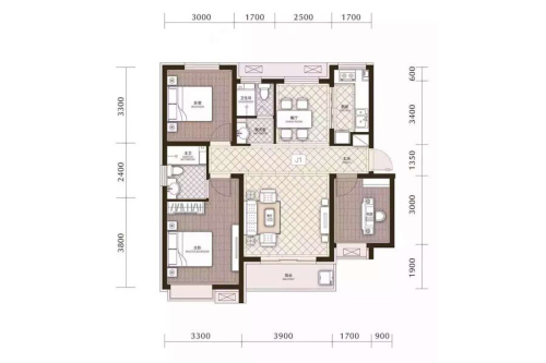 润江臻园19#J1户型-3室2厅2卫1厨建筑面积113.00平米