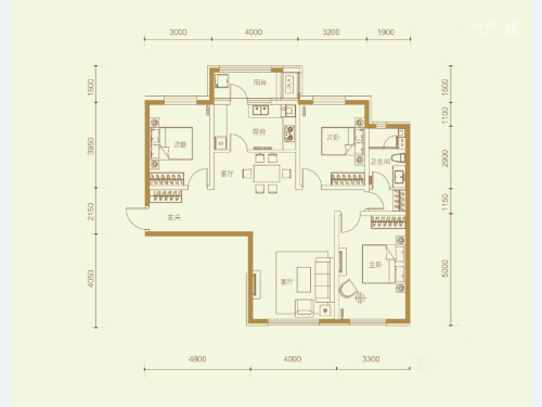 富力城H户型-3室2厅1卫1厨建筑面积127.00平米