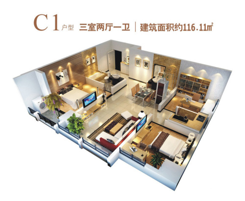 中国西部金融服务中心C1户型-3室2厅1卫1厨建筑面积116.11平米