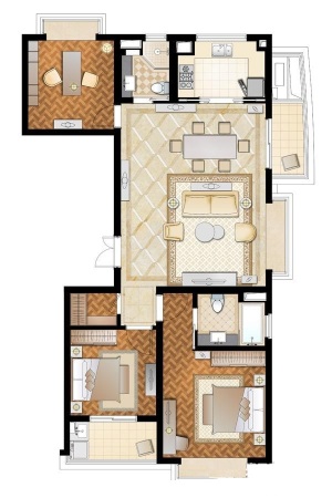 新湖青蓝国际134㎡3房户型-3室2厅2卫1厨建筑面积134.00平米