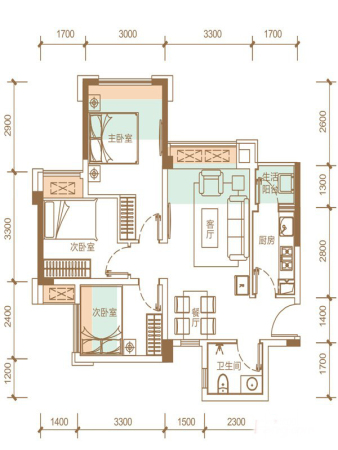 隆鑫十里画卷一期1、2号楼标准层B5户型【售罄】-3室2厅1卫1厨建筑面积67.75平米