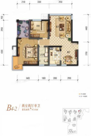 棠湖清江花语一期B4-2户型标准层-2室2厅1卫1厨建筑面积87.92平米