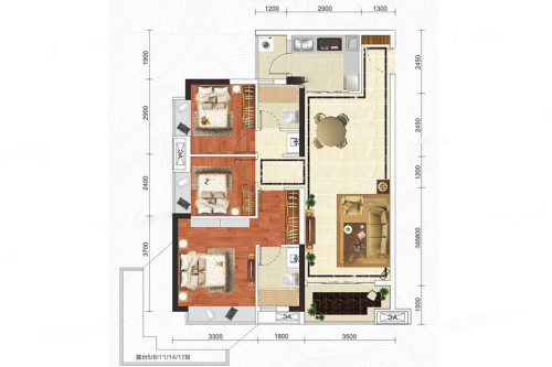 广物锦绣东方3室2厅2卫1厨建筑面积97平米