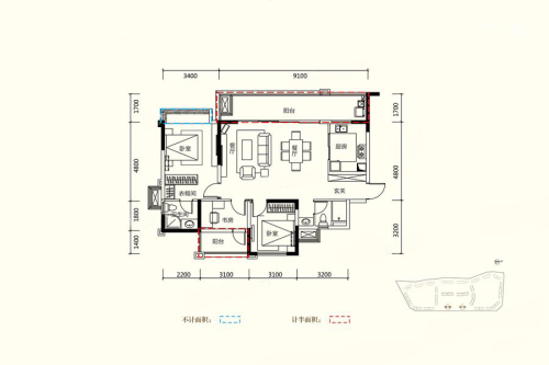 佳乐国际城高层B02户型-3室2厅2卫1厨建筑面积113.00平米