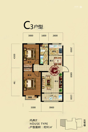 万源雅筑C3户型-2室2厅1卫1厨建筑面积91.00平米