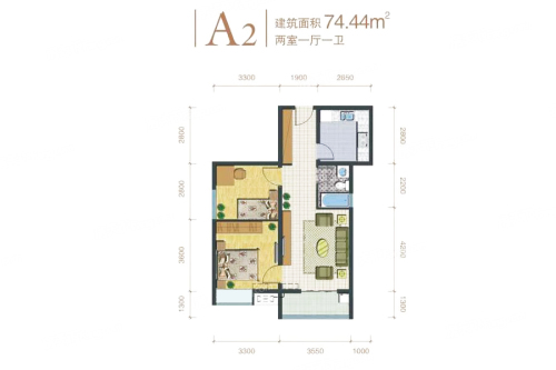 宏府龙翔长安A2户型-2室1厅1卫1厨建筑面积74.77平米