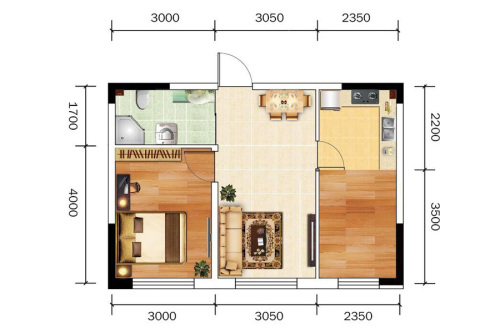 万龙世纪城D户型-2室2厅1卫1厨建筑面积60.00平米