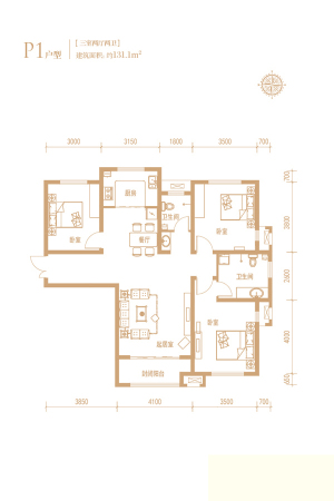 国仕山D2-1#标准层P1户型-3室2厅2卫1厨建筑面积131.10平米