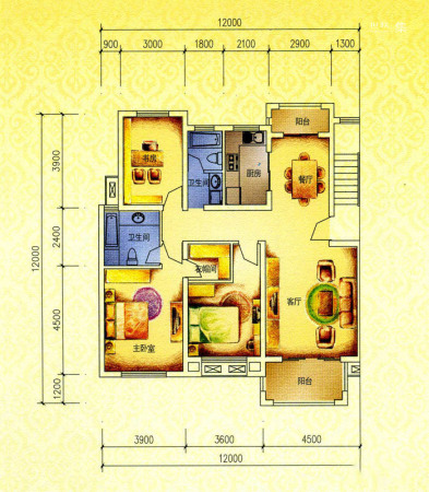 天泽苑3期9-16幢标准层B2户型-3室2厅2卫1厨建筑面积128.04平米