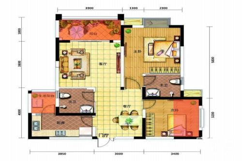 家益凤凰富居1#、3#、4#、8#标准层C1户型-2室2厅2卫1厨建筑面积88.00平米
