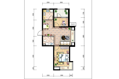 宏亚·圣诺园GA-1户型-2室2厅1卫1厨建筑面积69.92平米