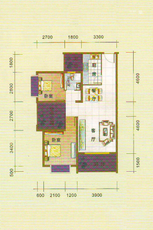 东峰世纪公寓10号楼04户型-2室2厅1卫1厨建筑面积88.26平米