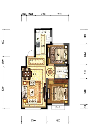 金色橄榄城三期三期D1户型图-2室2厅1卫1厨建筑面积84.50平米