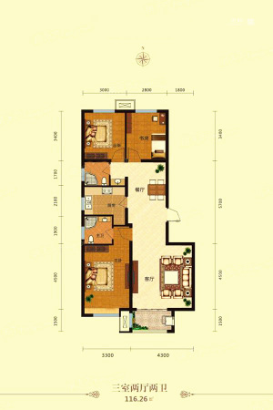 紫御澜湾8#10#15#H户型-3室2厅2卫1厨建筑面积116.26平米